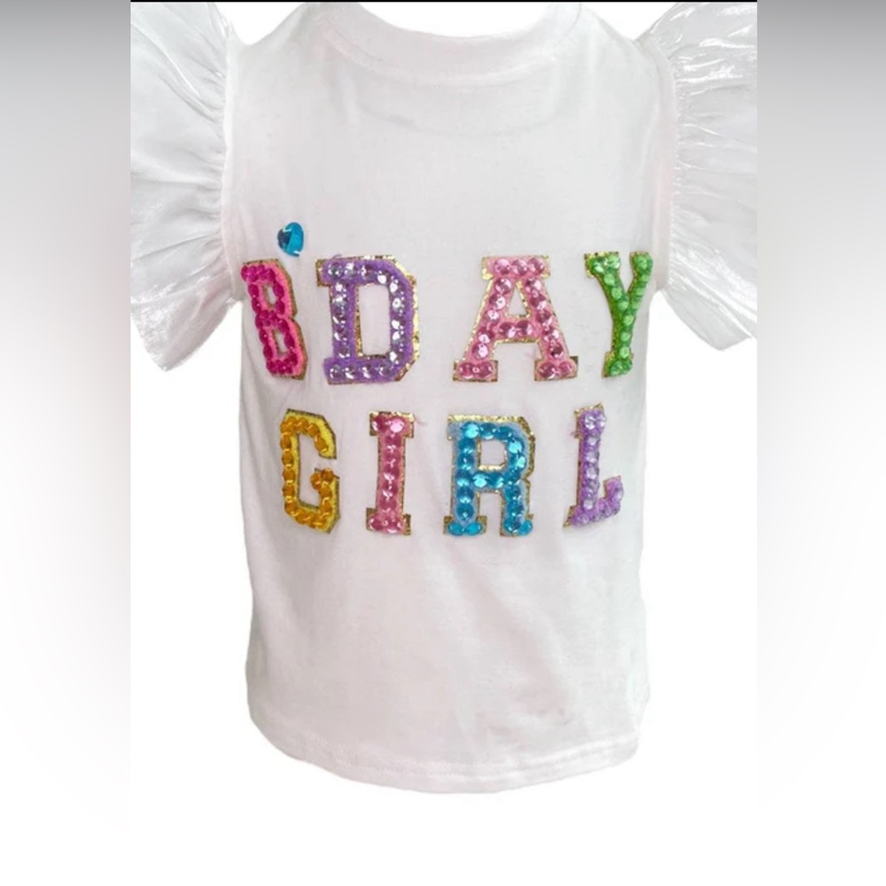 Lola + Boys Happy Birthday Crystal tee with ruffle details. Crystal # 9 on back